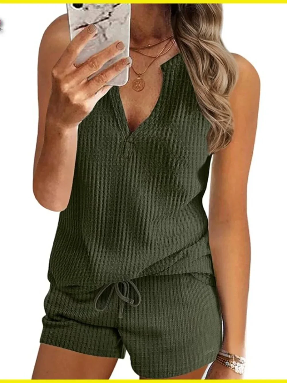 Waffle Knit Tank Top Lounge Shorts Set Casual Summer Matching Outfit with